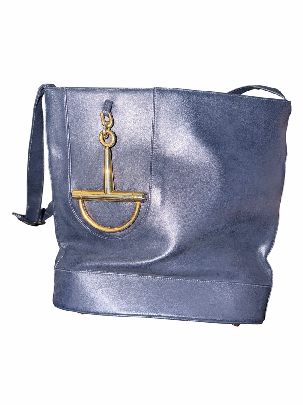 Vintage Italian Navy Leather Shoulder Tote with Gold Accent